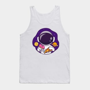 Cute Astronaut Eating Donut And Pizza In Space Cartoon Tank Top